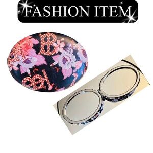 COMPACT MIRROR: Oval-Shaped Black, Pink, & Red w/Floral Design, NWOT
